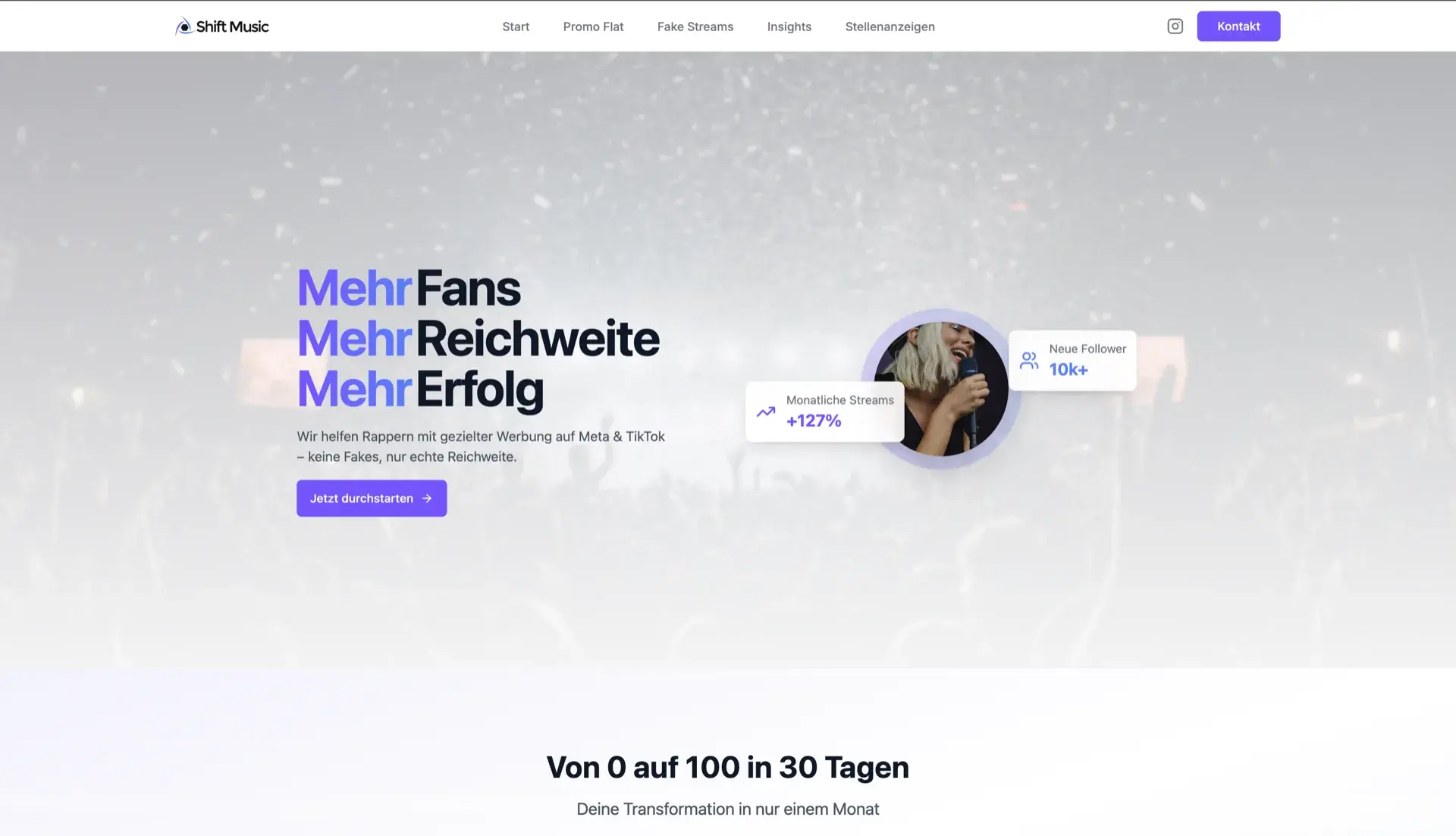 Shift Music Marketing Website Desktop Ansicht
