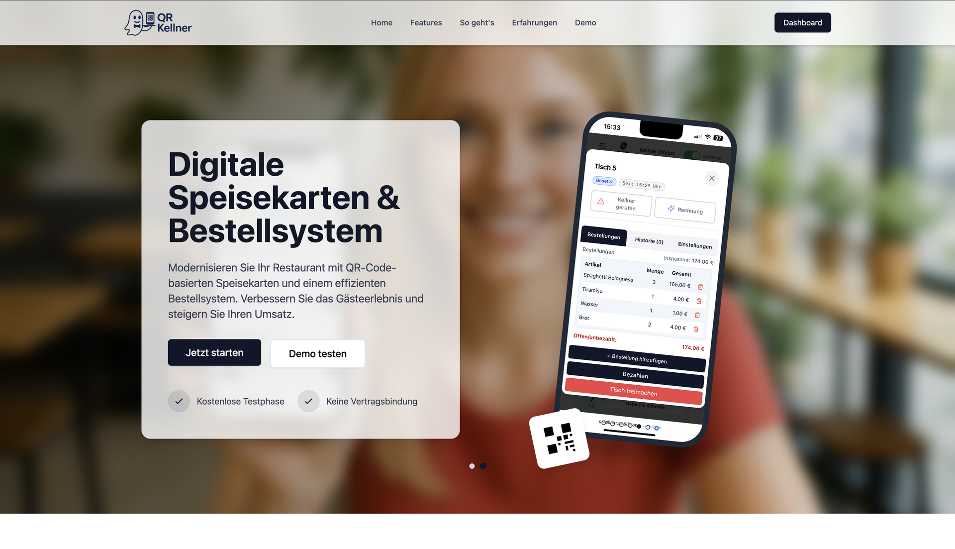 Mockup der QRKellner-Website auf Desktop und Smartphone